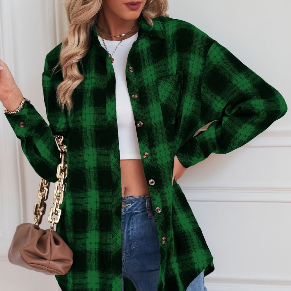 BACK IN STOCK! 🔥Green Plaid Curved Hem Longline Shirt - Picture 3 of 4